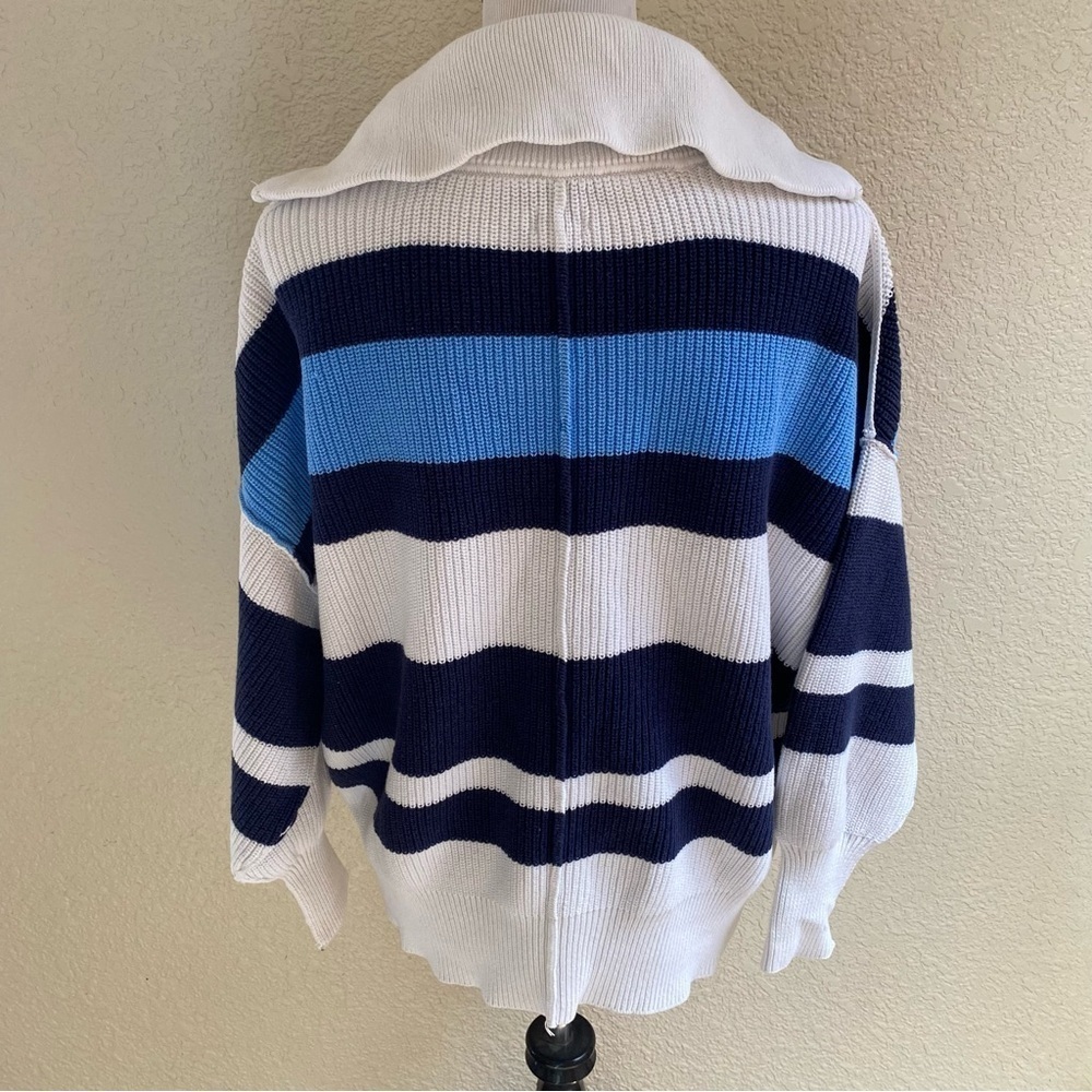 Aerie Beyond Quarter Zip Sweater Blue White Striped Chunky Knit Pullover: Medium - Picture 5 of 10